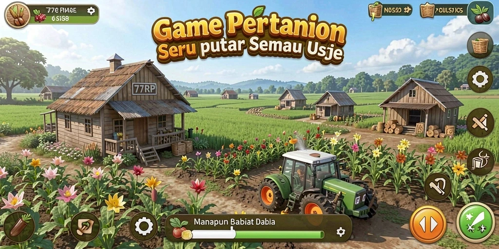 Screenshot menampilkan pemain mengelola kebun dengan tanaman yang subur.