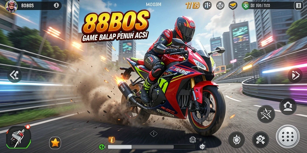 Tangkapan layar gameplay dari 88BOS dengan aksi balapan motor yang mendebarkan.
