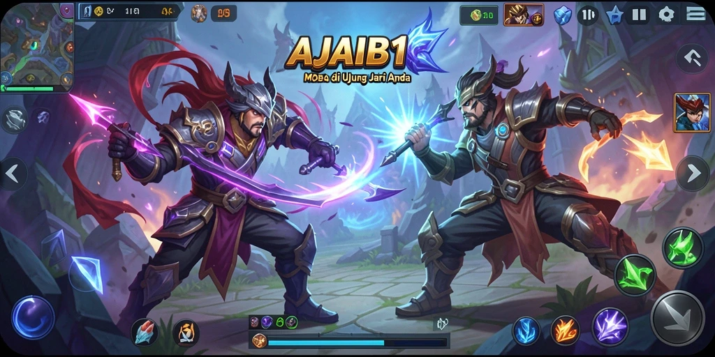 Gameplay MOBA seru di AJAIB11 dengan pertarungan tim strategis.