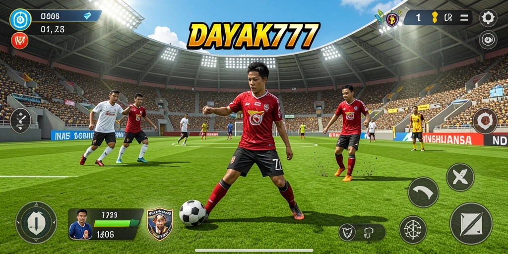 Tangkapan layar utama DAYAK777 menampilkan aksi seru permainan sepak bola.
