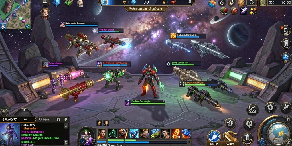 Screenshot utama GALAXY77 menampilkan pertempuran seru di luar angkasa.