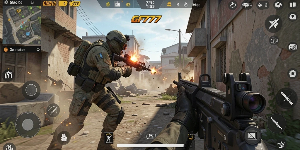 Tangkapan layar gameplay GF777 menampilkan aksi tembak-menembak yang mendebarkan.