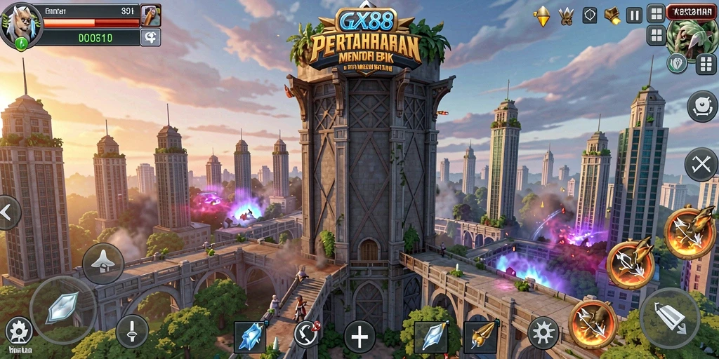 Tampilan gameplay epik dari GX88 yang menampilkan pertahanan menara.