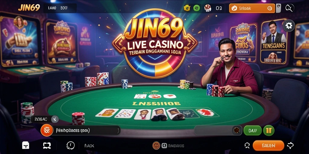 Screenshot gameplay Live Casino JIN69 yang menggambarkan dealer dan pemain berinteraksi.